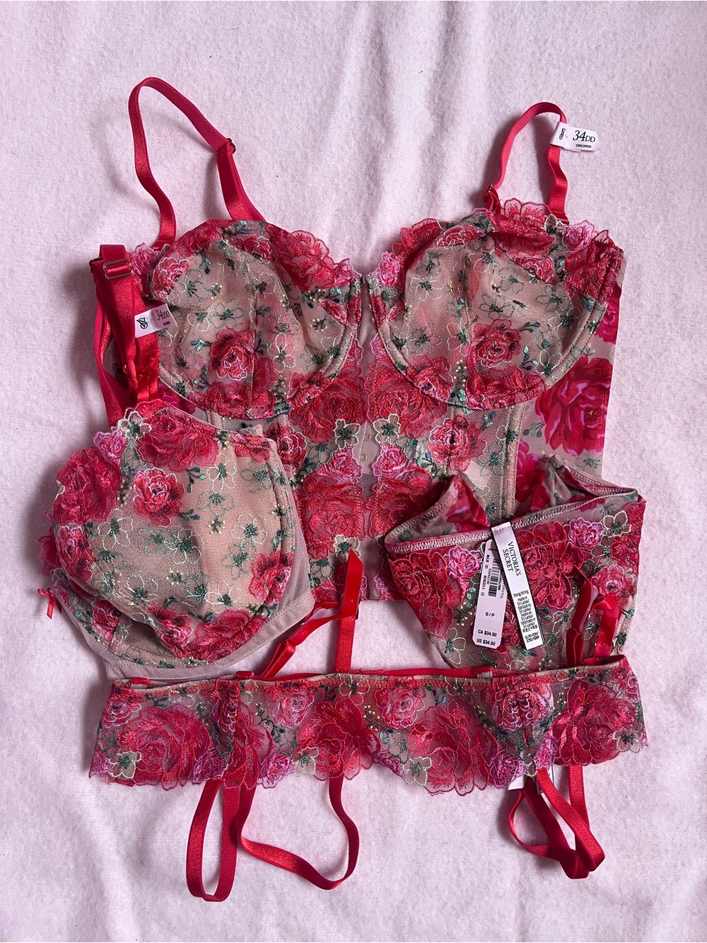 NWT Victoria’s Secret Floral Lace 4 Piece Lingerie Set 34DDD 34DD S/P M/L